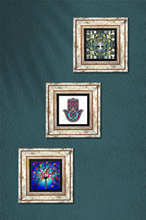 Fatma Ana Eli (Hamsa), Hayat Ağacı Taş Duvar Tablosu Çerçeveli Duvar Dekoru 3 Parça Tablo Seti Wall Art