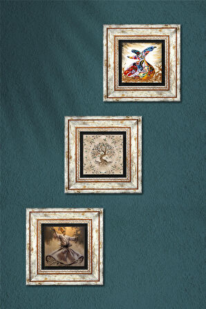 Hayat Ağacı, Semazen Taş Duvar Tablosu Çerçeveli Duvar Dekoru 3 Parça Tablo Seti Wall Art