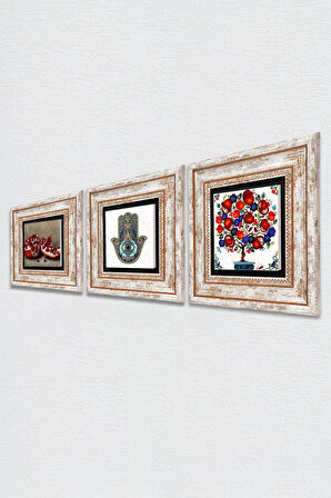 Nar, Nar Ağacı, Fatma Ana Eli (Hamsa) Taş Duvar Tablosu Çerçeveli Duvar Dekoru 3 Parça Tablo Seti Wall Art