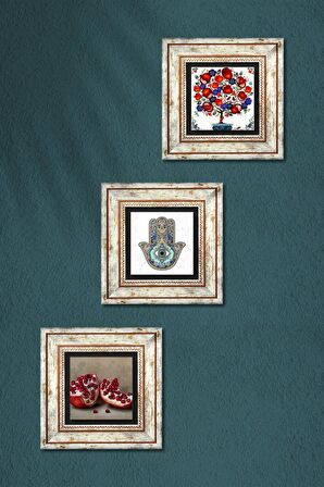Nar, Nar Ağacı, Fatma Ana Eli (Hamsa) Taş Duvar Tablosu Çerçeveli Duvar Dekoru 3 Parça Tablo Seti Wall Art