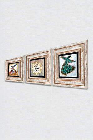 Hz. Muhammed Lafzı, Semazen Taş Duvar Tablosu Çerçeveli Duvar Dekoru 3 Parça Tablo Seti Wall Art