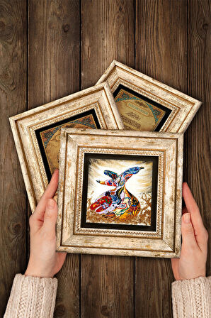 Hz. Muhammed Lafzı, Semazen Taş Duvar Tablosu Çerçeveli Duvar Dekoru 3 Parça Tablo Seti Wall Art