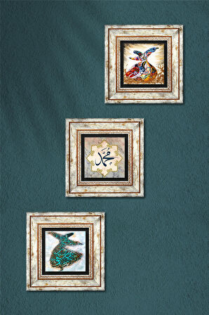 Hz. Muhammed Lafzı, Semazen Taş Duvar Tablosu Çerçeveli Duvar Dekoru 3 Parça Tablo Seti Wall Art