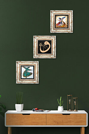 Vav, Semazen Taş Duvar Tablosu Çerçeveli Duvar Dekoru 3 Parça Tablo Seti Wall Art