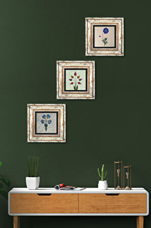 Ebru Sanatı, Lale Taş Duvar Tablosu Çerçeveli Duvar Dekoru 3 Parça Tablo Seti Wall Art