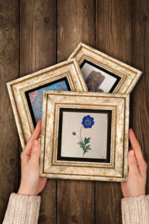 Ebru Sanatı, Lale Taş Duvar Tablosu Çerçeveli Duvar Dekoru 3 Parça Tablo Seti Wall Art