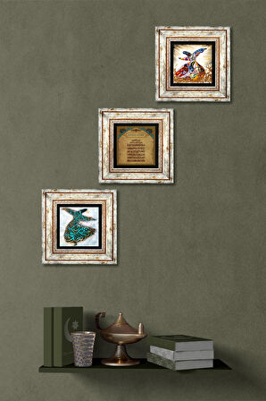 Ayet-el Kürsi, Semazen Taş Duvar Tablosu Çerçeveli Duvar Dekoru 3 Parça Tablo Seti Wall Art