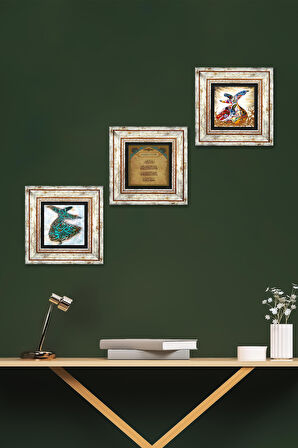 Nazar Duası, Semazen Taş Duvar Tablosu Çerçeveli Duvar Dekoru 3 Parça Tablo Seti Wall Art