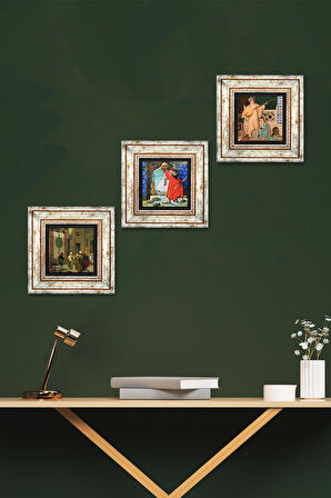 Kaplumbağa Terbiyecisi, İki Müzisyen Kız, Halı Tüccarı Taş Duvar Tablosu Çerçeveli Duvar Dekoru 3 Parça Tablo Seti Wall Art