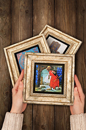 Kaplumbağa Terbiyecisi, İki Müzisyen Kız, Halı Tüccarı Taş Duvar Tablosu Çerçeveli Duvar Dekoru 3 Parça Tablo Seti Wall Art