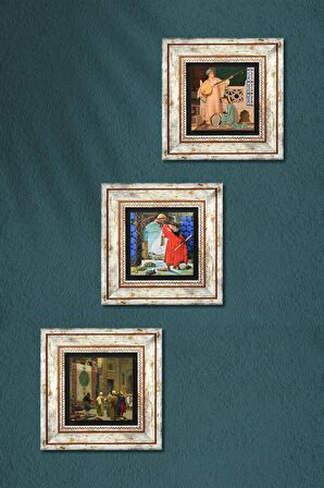 Kaplumbağa Terbiyecisi, İki Müzisyen Kız, Halı Tüccarı Taş Duvar Tablosu Çerçeveli Duvar Dekoru 3 Parça Tablo Seti Wall Art