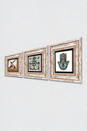 Çini Sanatı, Semazen, Fatma Ana Eli (Hamsa) Taş Duvar Tablosu Çerçeveli Duvar Dekoru 3 Parça Tablo Seti Wall Art