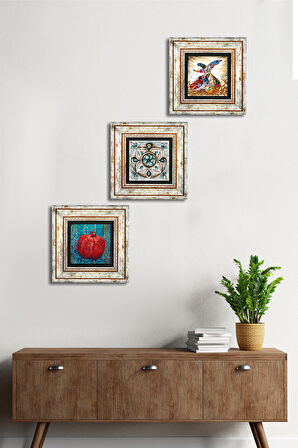 Çini Sanatı, Semazen, Nar Taş Duvar Tablosu Çerçeveli Duvar Dekoru 3 Parça Tablo Seti Wall Art