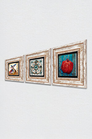 Çini Sanatı, Semazen, Nar Taş Duvar Tablosu Çerçeveli Duvar Dekoru 3 Parça Tablo Seti Wall Art