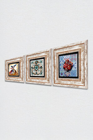 Çini Sanatı, Semazen, Nar Taş Duvar Tablosu Çerçeveli Duvar Dekoru 3 Parça Tablo Seti Wall Art
