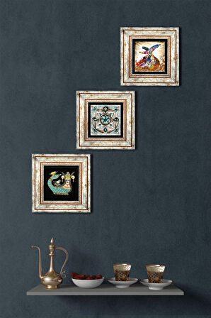 Çini Sanatı, Şahmeran, Semazen Taş Duvar Tablosu Çerçeveli Duvar Dekoru 3 Parça Tablo Seti Wall Art