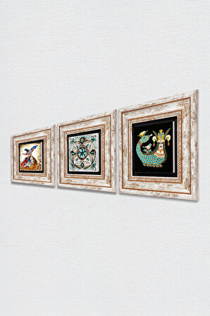 Çini Sanatı, Şahmeran, Semazen Taş Duvar Tablosu Çerçeveli Duvar Dekoru 3 Parça Tablo Seti Wall Art