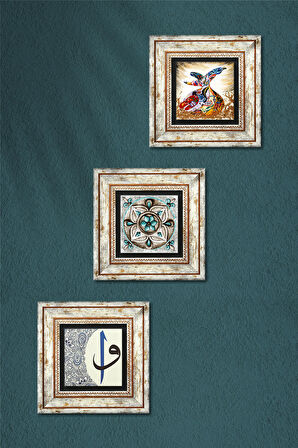 Çini Sanatı, Elif-Vav, Semazen Taş Duvar Tablosu Çerçeveli Duvar Dekoru 3 Parça Tablo Seti Wall Art
