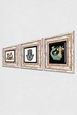 Şahmeran, Fatma Ana Eli (Hamsa) Taş Duvar Tablosu Çerçeveli Duvar Dekoru 3 Parça Tablo Seti Wall Art