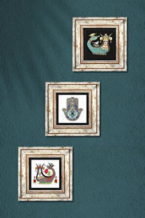 Şahmeran, Fatma Ana Eli (Hamsa) Taş Duvar Tablosu Çerçeveli Duvar Dekoru 3 Parça Tablo Seti Wall Art