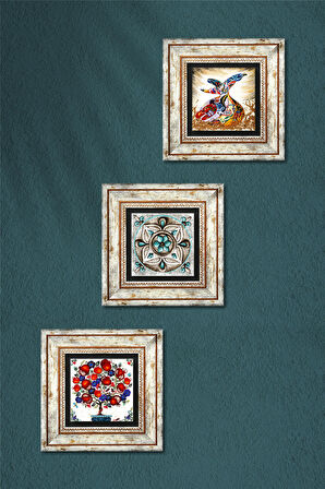 Çini Sanatı, Semazen, Nar Ağacı Taş Duvar Tablosu Çerçeveli Duvar Dekoru 3 Parça Tablo Seti Wall Art