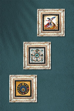 Nazar Boncuğu, Çini Sanatı, Semazen Taş Duvar Tablosu Çerçeveli Duvar Dekoru 3 Parça Tablo Seti Wall Art