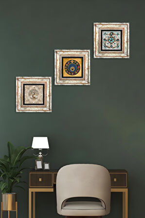 Nazar Boncuğu, Çini Sanatı, Hayat Ağacı Taş Duvar Tablosu Çerçeveli Duvar Dekoru 3 Parça Tablo Seti Wall Art