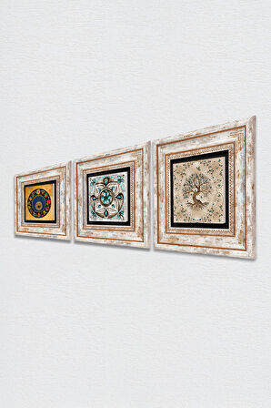 Nazar Boncuğu, Çini Sanatı, Hayat Ağacı Taş Duvar Tablosu Çerçeveli Duvar Dekoru 3 Parça Tablo Seti Wall Art