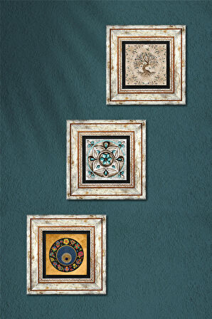 Nazar Boncuğu, Çini Sanatı, Hayat Ağacı Taş Duvar Tablosu Çerçeveli Duvar Dekoru 3 Parça Tablo Seti Wall Art