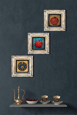 Nazar Boncuğu, Bereket Duası, Nar Taş Duvar Tablosu Çerçeveli Duvar Dekoru 3 Parça Tablo Seti Wall Art