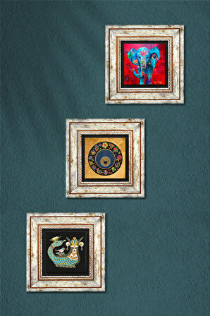 Fil, Nazar, Şahmeran Taş Duvar Tablosu Çerçeveli Duvar Dekoru 3 Parça Tablo Seti Wall Art