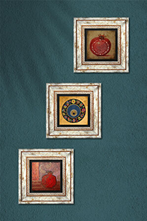 Nazar Boncuğu, Nar, Bereket Duası Taş Duvar Tablosu Çerçeveli Duvar Dekoru 3 Parça Tablo Seti Wall Art