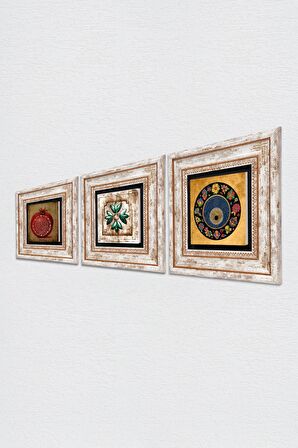 Nazar Boncuğu, Fas Desenli Vintage, Bereket Duası Taş Duvar Tablosu Çerçeveli Duvar Dekoru 3 Parça Tablo Seti Wall Art