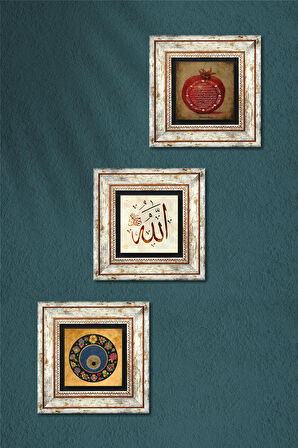 Allah Lafzı, Nazar Boncuğu, Bereket Duası Taş Duvar Tablosu Çerçeveli Duvar Dekoru 3 Parça Tablo Seti Wall Art