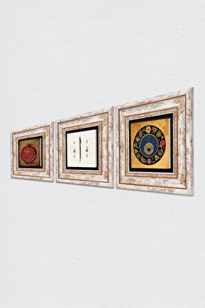 Elif, Nazar, Bereket Duası Taş Duvar Tablosu Çerçeveli Duvar Dekoru 3 Parça Tablo Seti Wall Art