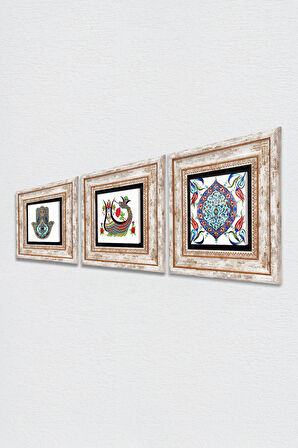 Şahmeran, Çini Sanatı, Fatma Ana Eli (Hamsa) Taş Duvar Tablosu Çerçeveli Duvar Dekoru 3 Parça Tablo Seti Wall Art