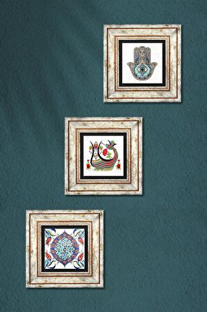 Şahmeran, Çini Sanatı, Fatma Ana Eli (Hamsa) Taş Duvar Tablosu Çerçeveli Duvar Dekoru 3 Parça Tablo Seti Wall Art
