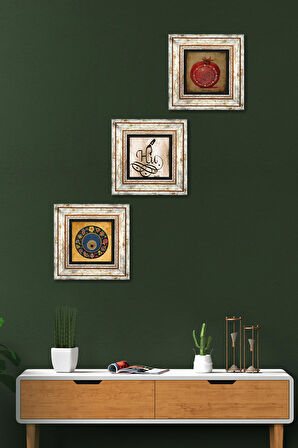 Hu, Nazar, Bereket Duası Taş Duvar Tablosu Çerçeveli Duvar Dekoru 3 Parça Tablo Seti Wall Art