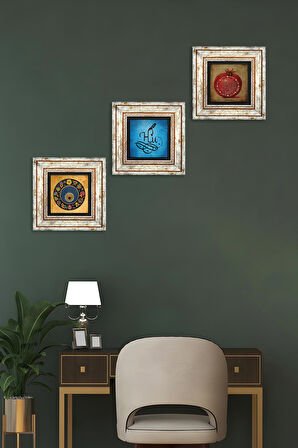 Hu, Nazar, Bereket Duası Taş Duvar Tablosu Çerçeveli Duvar Dekoru 3 Parça Tablo Seti Wall Art