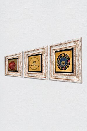 SübhanAllah, Nazar Boncuğu, Bereket Duası Taş Duvar Tablosu Çerçeveli Duvar Dekoru 3 Parça Tablo Seti Wall Art