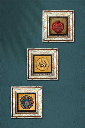 Elhamdülillah, Nazar Boncuğu, Bereket Duası Taş Duvar Tablosu Çerçeveli Duvar Dekoru 3 Parça Tablo Seti Wall Art