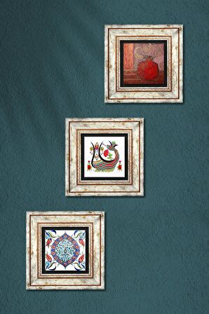 Şahmeran, Nar, Çini Sanatı Taş Duvar Tablosu Çerçeveli Duvar Dekoru 3 Parça Tablo Seti Wall Art