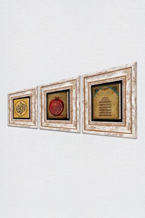 La İlahe İllallah, Ayet-el Kürsi, Bereket Duası Taş Duvar Tablosu Çerçeveli Duvar Dekoru 3 Parça Tablo Seti Wall Art