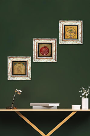 Bismillah, Ayet-el Kürsi, Bereket Duası Taş Duvar Tablosu Çerçeveli Duvar Dekoru 3 Parça Tablo Seti Wall Art