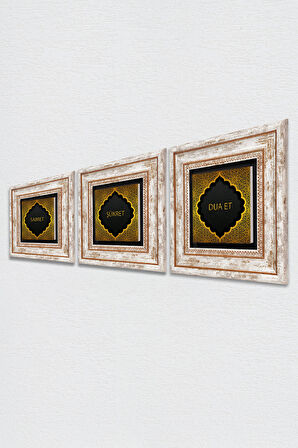 Dua Et, Şükret, Sabret Taş Duvar Tablosu Çerçeveli Duvar Dekoru 3 Parça Tablo Seti Wall Art