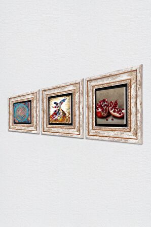 Yaşam Çiçeği, Semazen, Nar Taş Duvar Tablosu Çerçeveli Duvar Dekoru 3 Parça Tablo Seti Wall Art