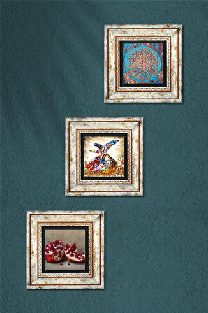 Yaşam Çiçeği, Semazen, Nar Taş Duvar Tablosu Çerçeveli Duvar Dekoru 3 Parça Tablo Seti Wall Art