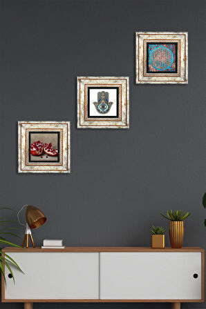 Yaşam Çiçeği, Nar, Fatma Ana Eli (Hamsa) Taş Duvar Tablosu Çerçeveli Duvar Dekoru 3 Parça Tablo Seti Wall Art