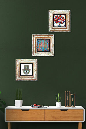 Yaşam Çiçeği, Nar Ağacı, Fatma Ana Eli (Hamsa) Taş Duvar Tablosu Çerçeveli Duvar Dekoru 3 Parça Tablo Seti Wall Art