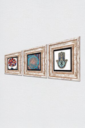 Yaşam Çiçeği, Nar Ağacı, Fatma Ana Eli (Hamsa) Taş Duvar Tablosu Çerçeveli Duvar Dekoru 3 Parça Tablo Seti Wall Art